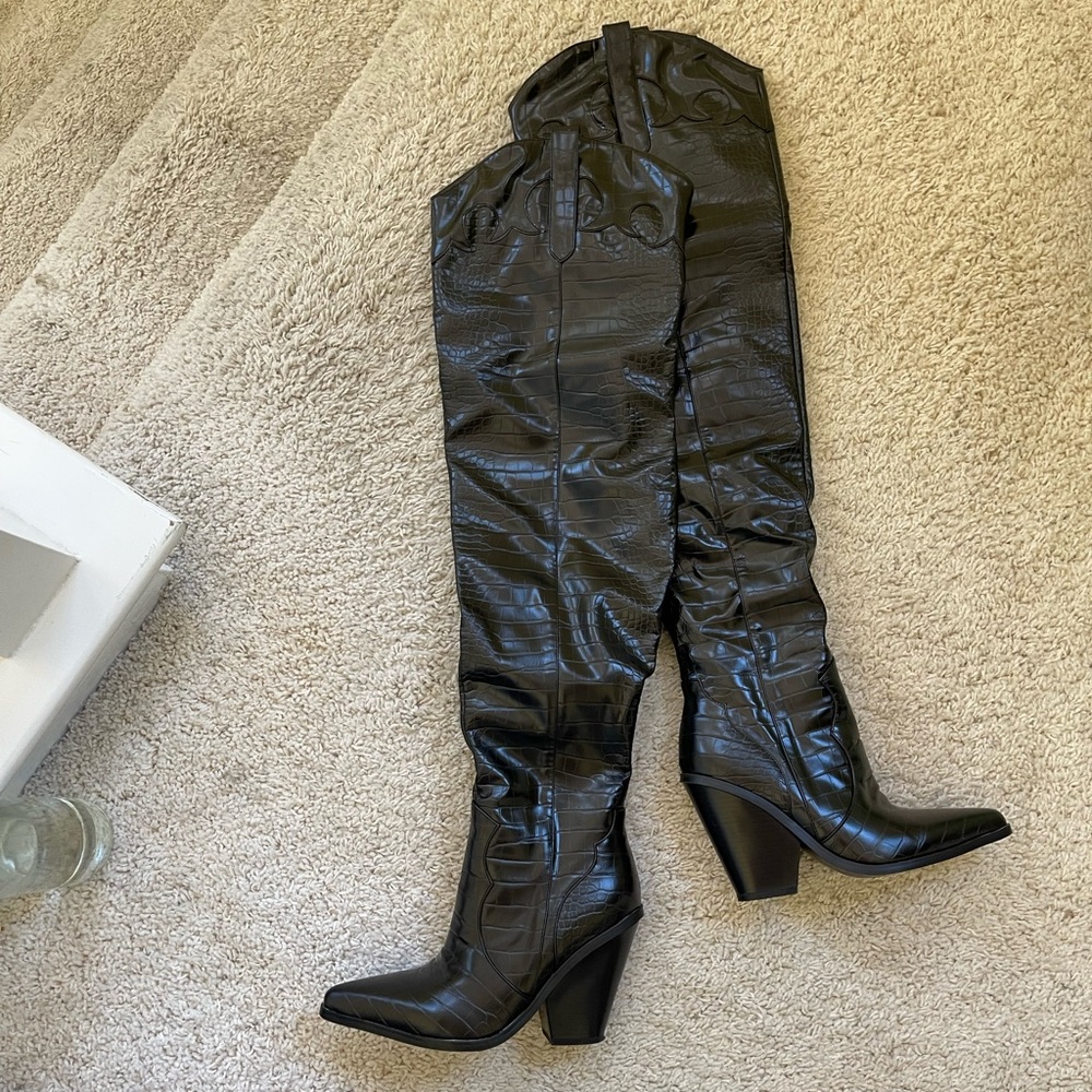 PLT Black thigh high crocodile embossed high heel western boots worn once